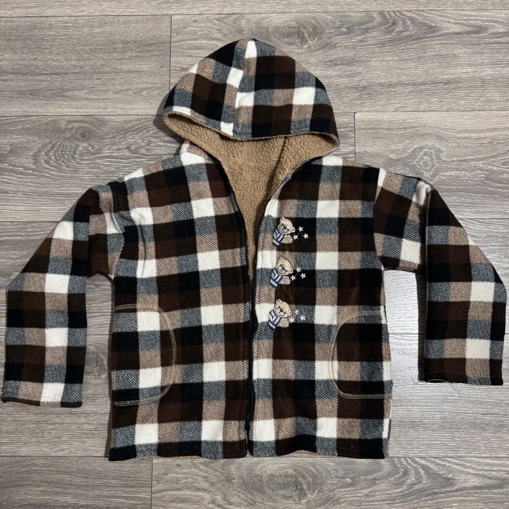 Kids Brown Plaid Hooded Fleece Jacket Teddy Bear Embroidered Broken Zipper Sz 8